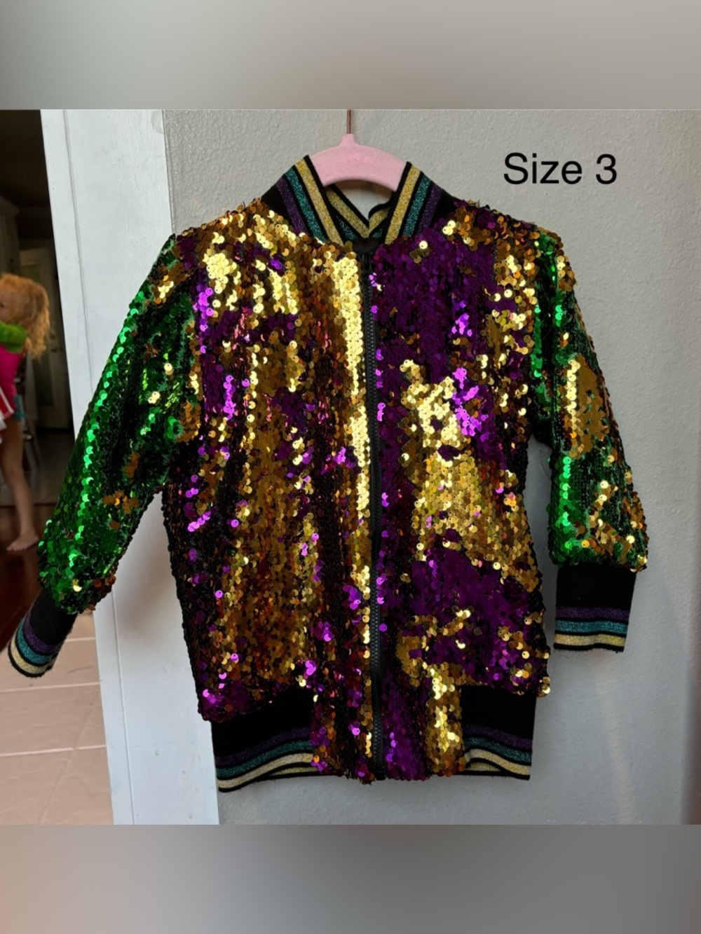 Mardi Gras Kids Sequin Bomber Jacket - Metallic Gold, Purple & Green